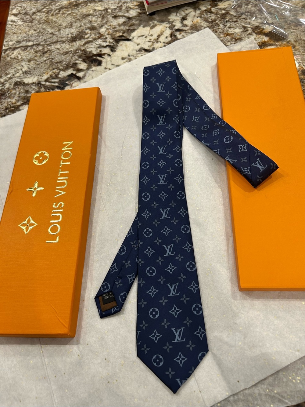 Louis Vuitton Navy Monogram Silk Tie with Light Blue Logos